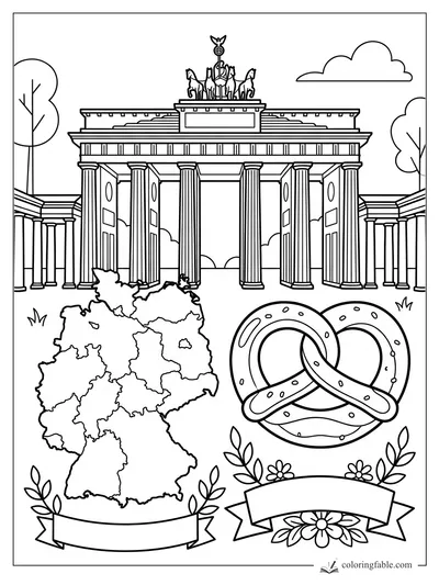 Germany coloring page with Brandenburg Gate, state map, pretzel, flowers, trees, and blank banners
