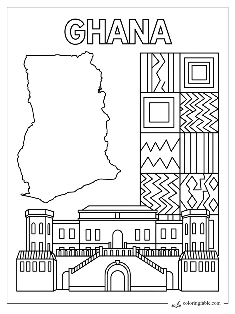 Ghana coloring page with country outline, kente cloth patterns, and a coastal castle facade