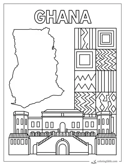 Ghana coloring page with country outline, kente cloth patterns, and a coastal castle facade