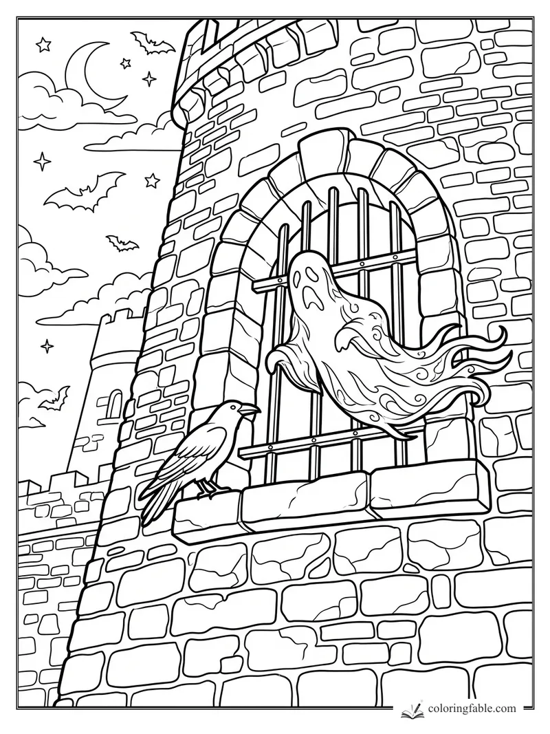 Realistic ghost floating from a barred castle window with a raven, bats, moon, stars, and stone walls