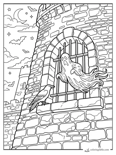 Realistic ghost floating from a barred castle window with a raven, bats, moon, stars, and stone walls