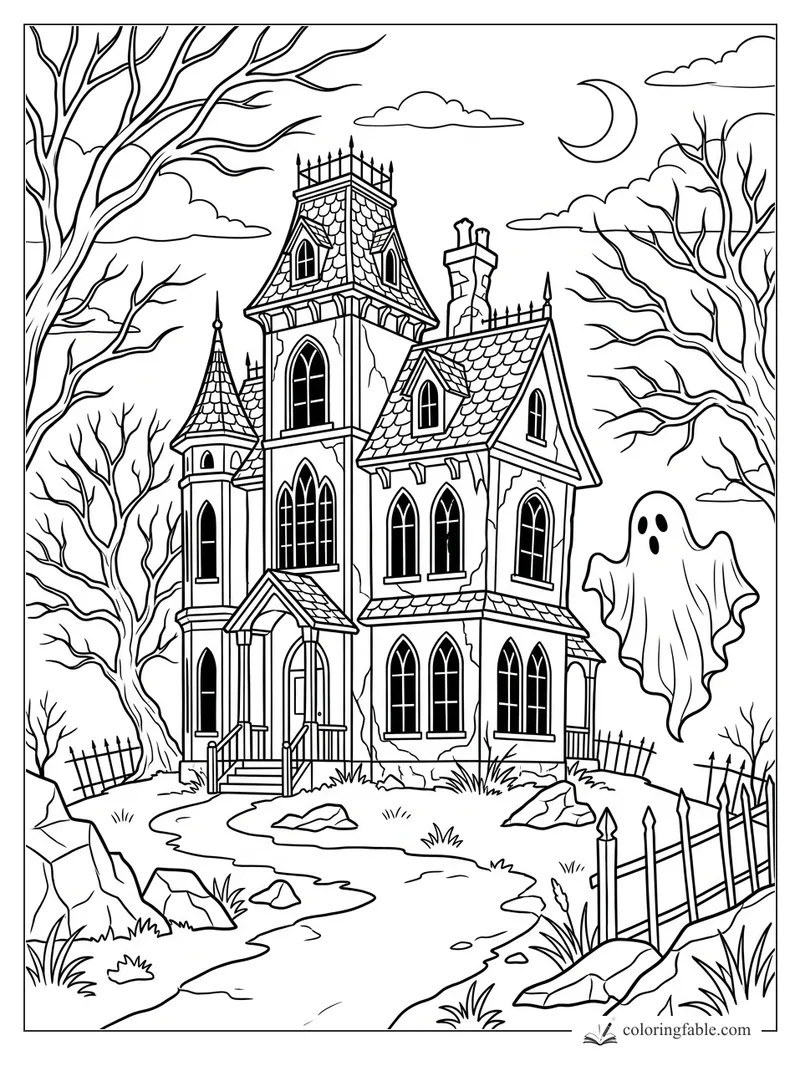 Realistic ghost floating beside a spooky Victorian mansion, bare trees, crescent moon, and iron fence