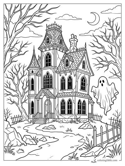 Realistic ghost floating beside a spooky Victorian mansion, bare trees, crescent moon, and iron fence