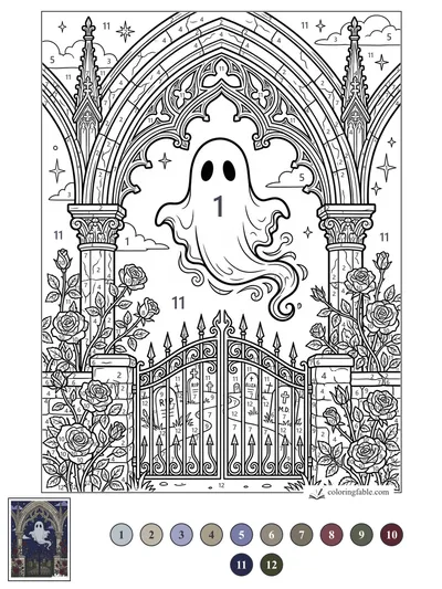 Ghost Beneath the Gothic Rose Gate — color by number