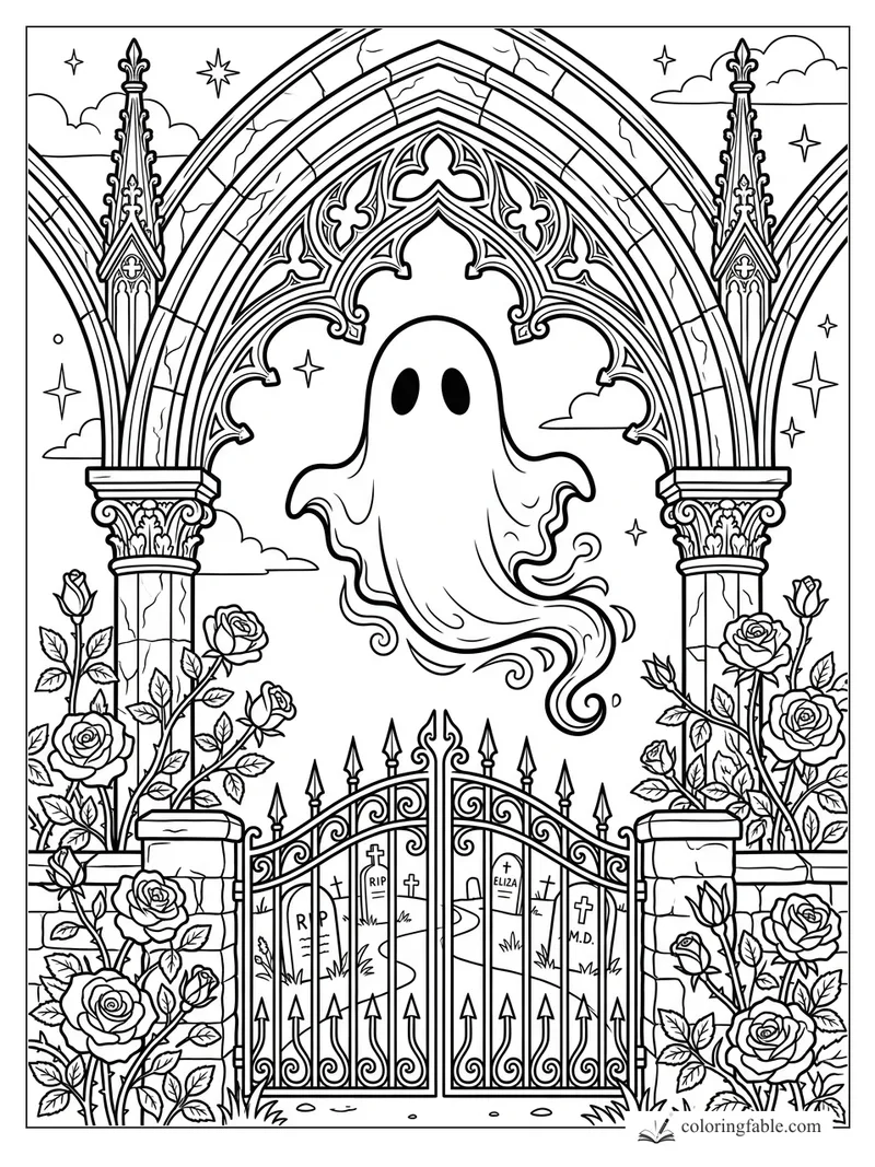 Ghost floating under a cracked Gothic arch above an iron cemetery gate with roses, stars, and spires