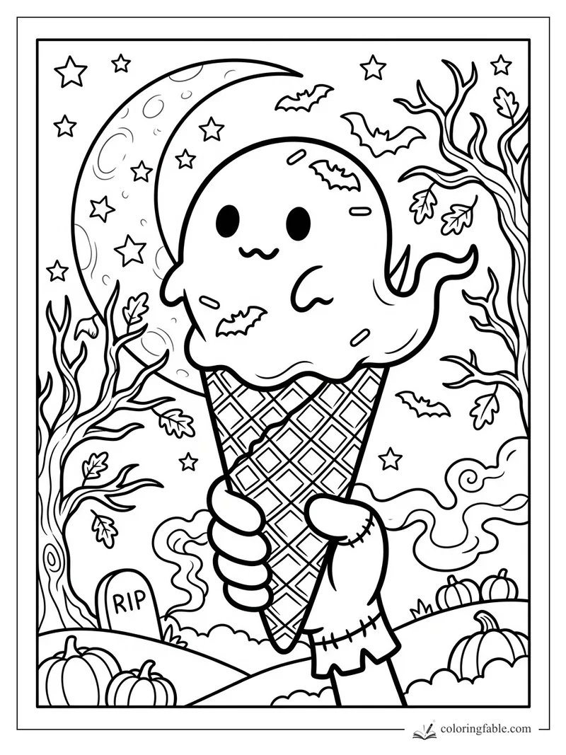 Cartoon ghost ice cream cone with bats, crescent moon, pumpkins, bare trees, and RIP gravestone.