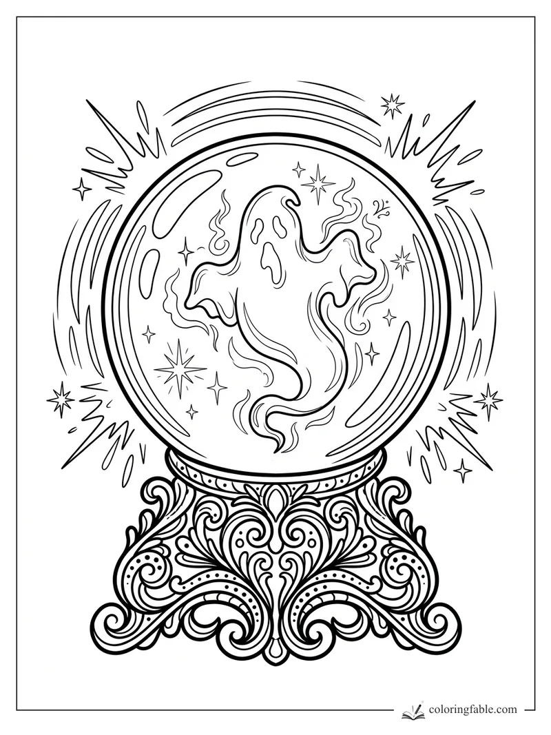 Halloween crystal ball with a swirling ghost, stars, energy bursts, and an ornate scrollwork stand