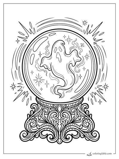 Halloween crystal ball with a swirling ghost, stars, energy bursts, and an ornate scrollwork stand