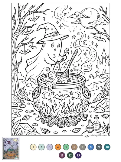 Ghost Witch Stirring a Starry Cauldron — color by number