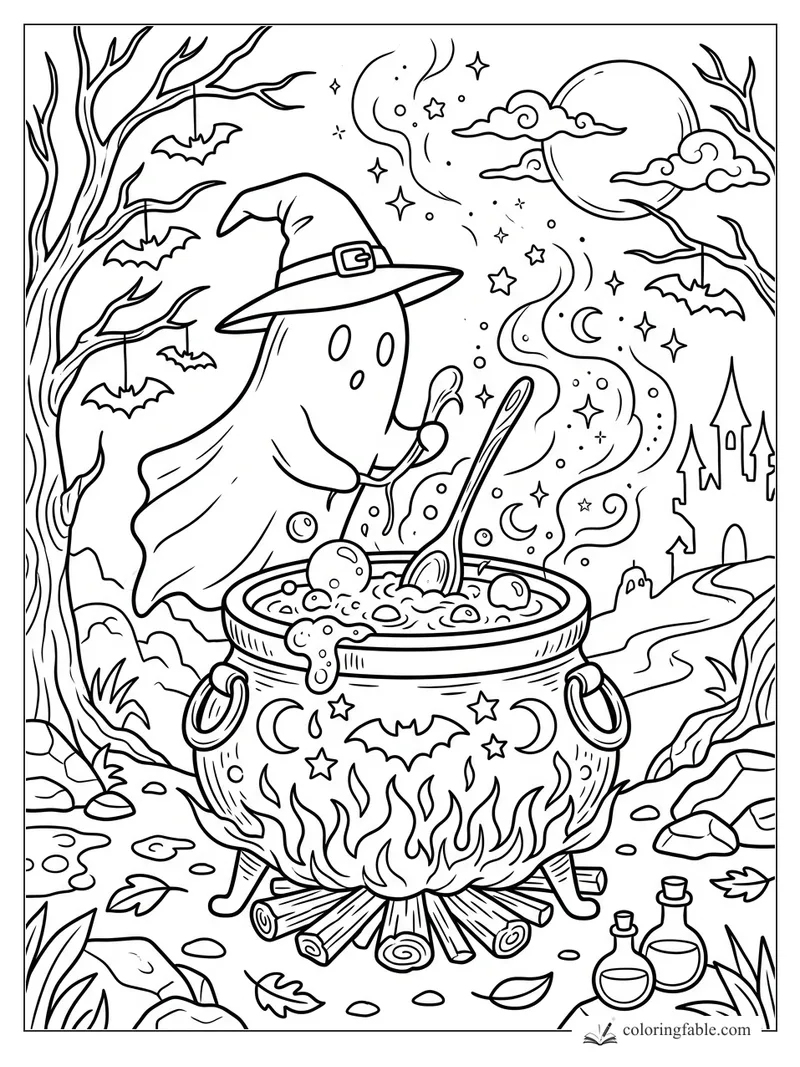 Ghost in a witch hat stirring a bubbling cauldron under bats, bare trees, moon, stars, and a distant castle