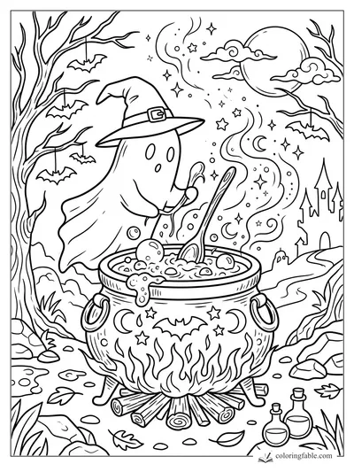 Ghost in a witch hat stirring a bubbling cauldron under bats, bare trees, moon, stars, and a distant castle