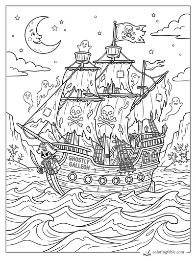 Cartoon ghost pirate ship with skull sails, ghosts, waves, cliffs, stars, and a smiling crescent moon.