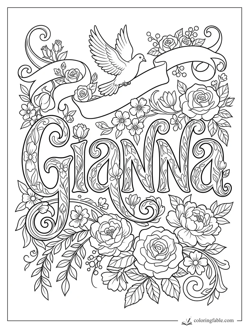 Intricate Gianna name coloring page with a flying dove, blank ribbon, roses, leaves, berries, and curling vines.