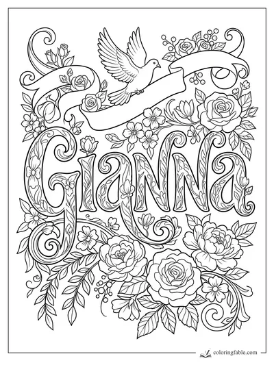 Intricate Gianna name coloring page with a flying dove, blank ribbon, roses, leaves, berries, and curling vines.