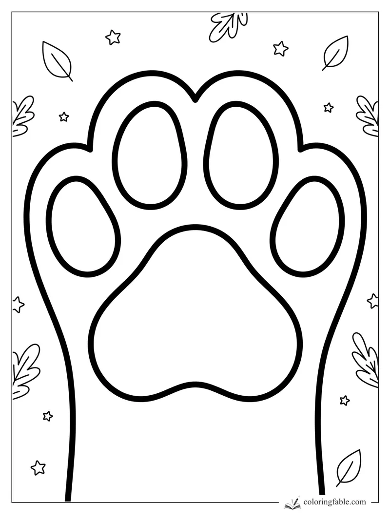 Bold cat paw print coloring page with big toe beans, tiny stars, and leafy doodles