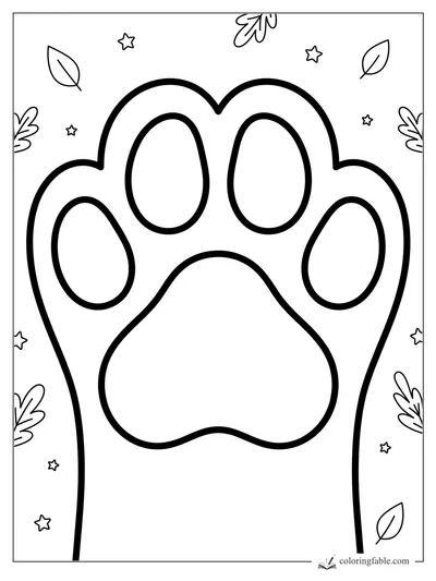 Bold cat paw print coloring page with big toe beans, tiny stars, and leafy doodles
