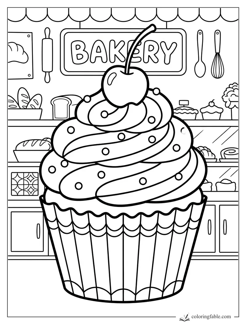 Easy cupcake coloring page with swirled frosting, cherry, sprinkles, and bakery shelves