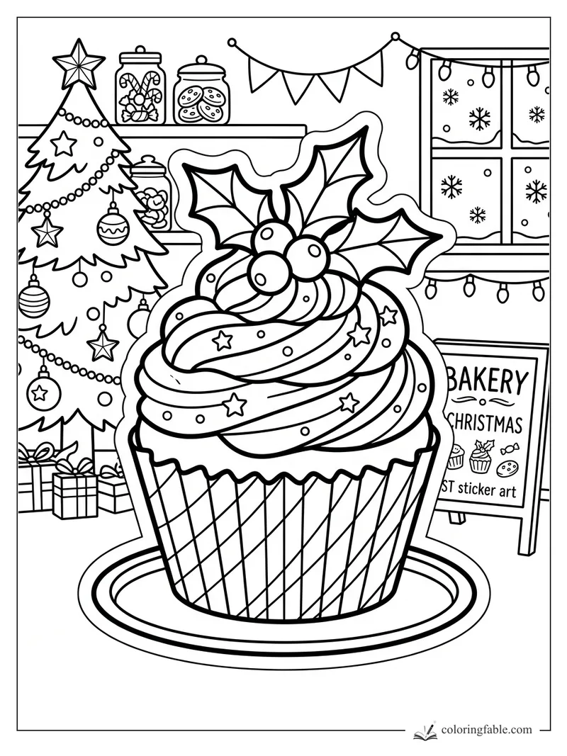 Christmas cupcake with holly, tree, candy jars, bakery sign, and snowy window lights
