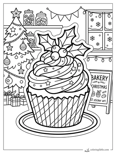 Christmas cupcake with holly, tree, candy jars, bakery sign, and snowy window lights