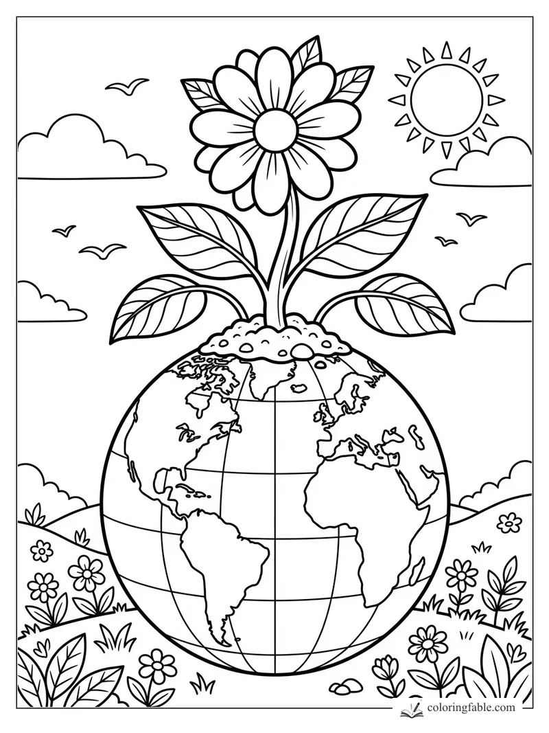 Large daisy sprouting from a globe with leafy stem, sun, clouds, birds, hills, and small garden flowers.