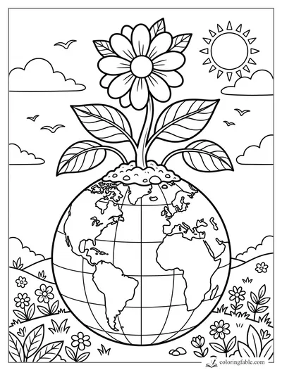 Large daisy sprouting from a globe with leafy stem, sun, clouds, birds, hills, and small garden flowers.