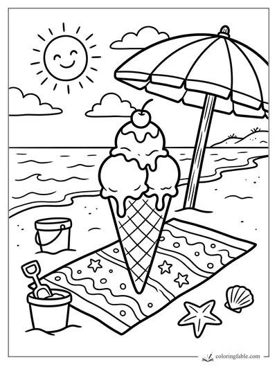 Easy beach coloring page with a giant ice cream cone, umbrella, smiling sun, buckets, shells, and waves.