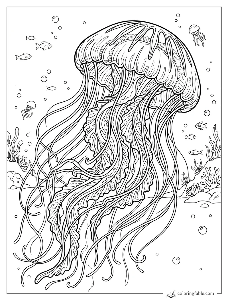 Realistic giant jellyfish with long tentacles, small fish, bubbles, coral, and sea plants to color