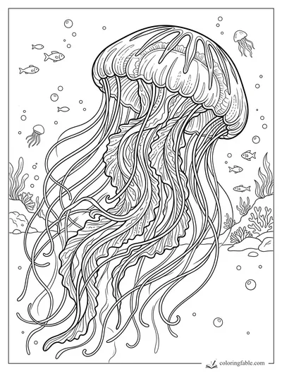Realistic giant jellyfish with long tentacles, small fish, bubbles, coral, and sea plants to color