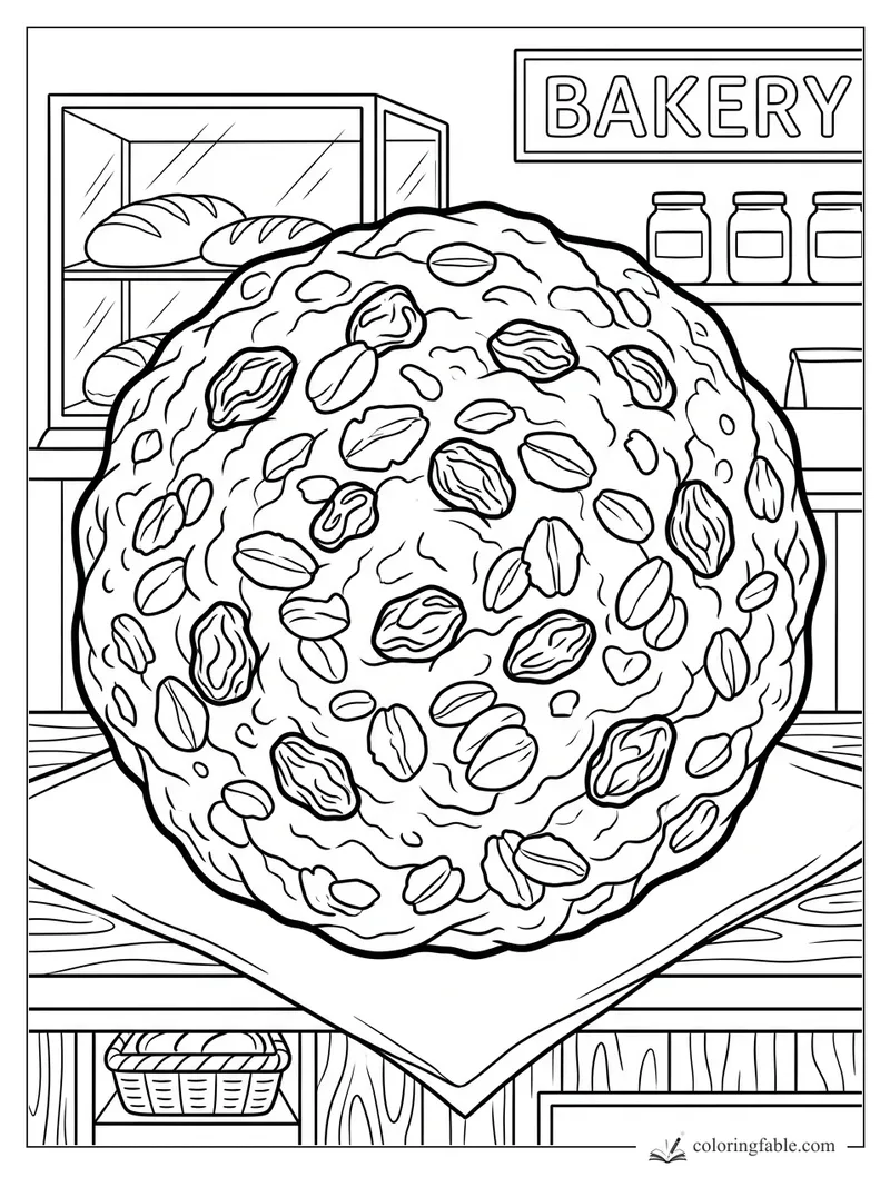 Giant oatmeal raisin cookie on bakery paper with bread case, jars, and BAKERY sign behind it