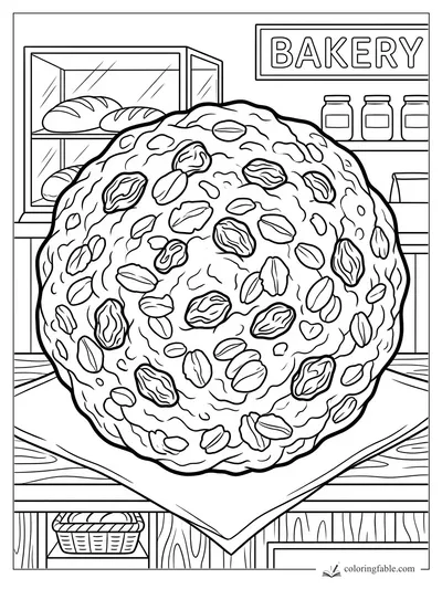 Giant oatmeal raisin cookie on bakery paper with bread case, jars, and BAKERY sign behind it