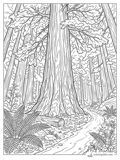 Realistic coloring page of a giant redwood, ferns, fallen log, rocks, and a winding forest creek.