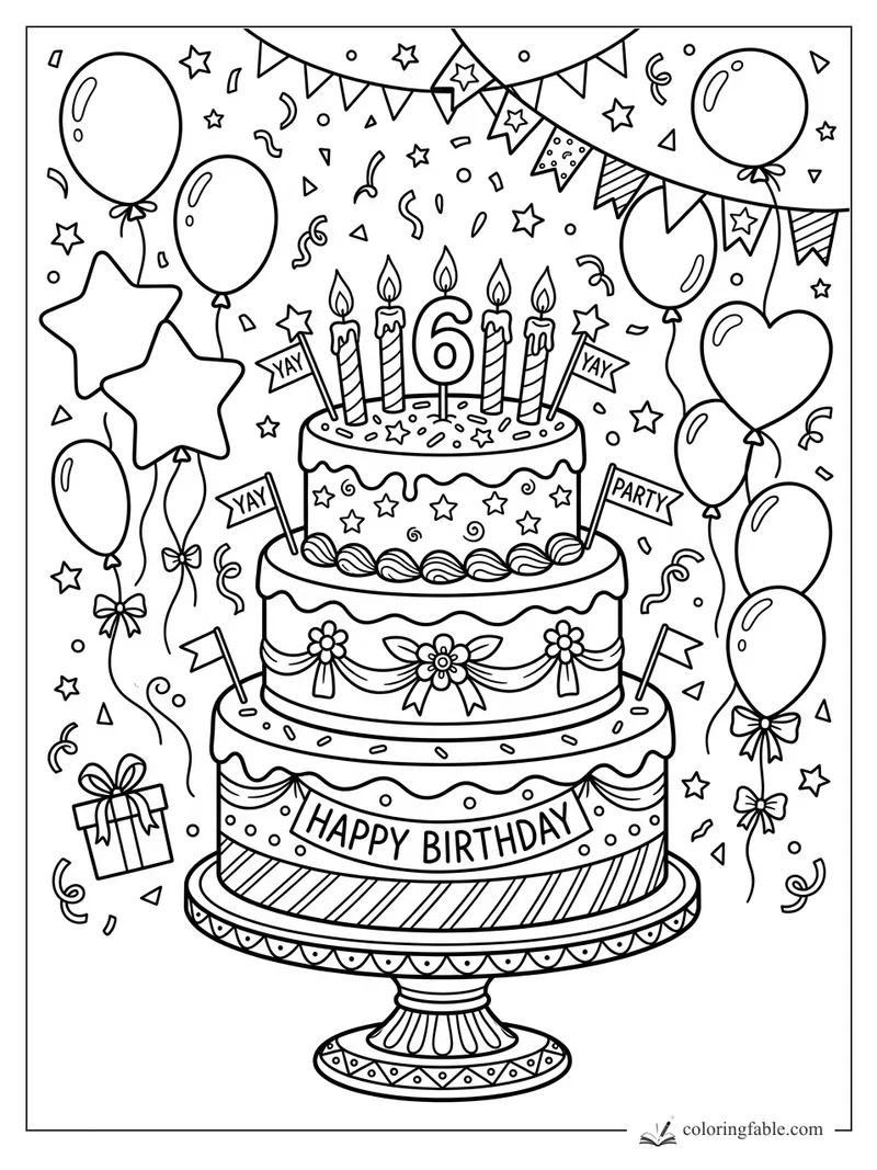Three-tier 6th birthday cake with candles, balloons, bunting, confetti, and a Happy Birthday banner.
