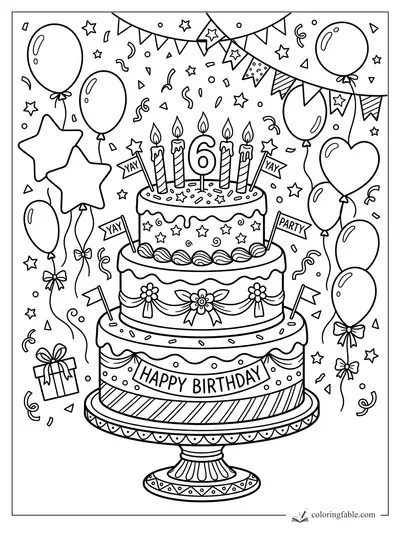 Three-tier 6th birthday cake with candles, balloons, bunting, confetti, and a Happy Birthday banner.