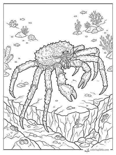 Realistic giant spider crab with long legs crossing an underwater reef canyon with fish and coral.