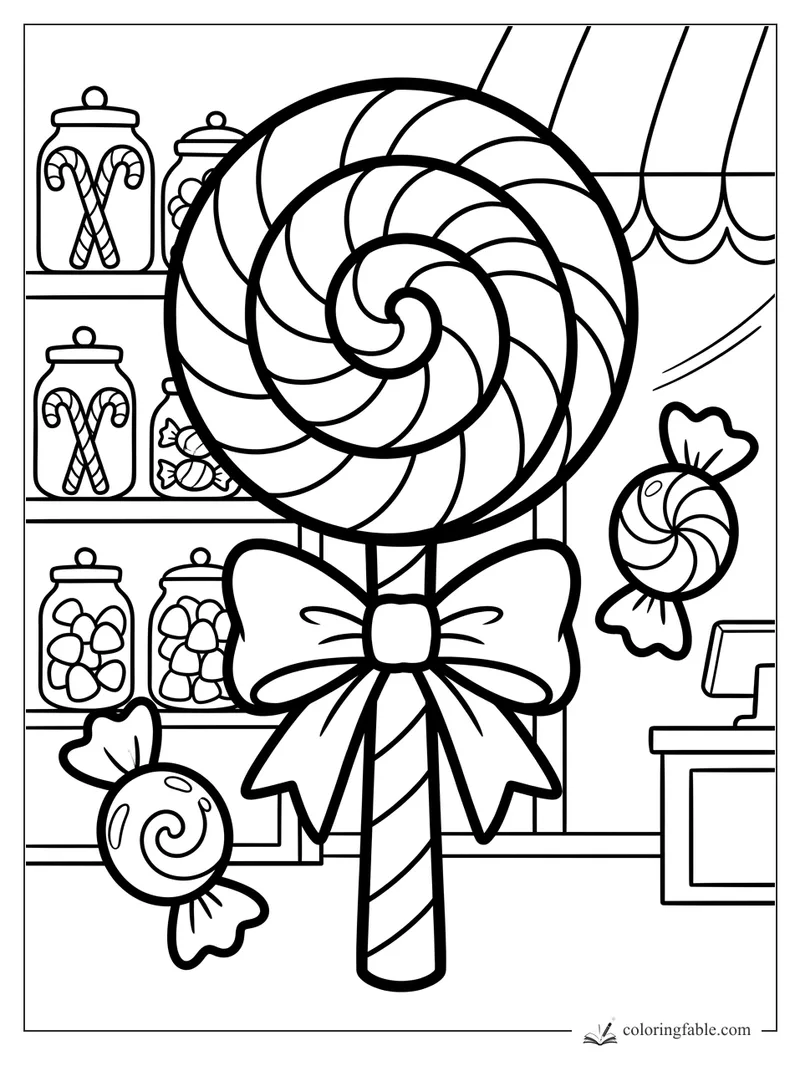 Bold coloring page of a giant swirly lollipop with bow, candy jars, wrapped sweets, and shop counter