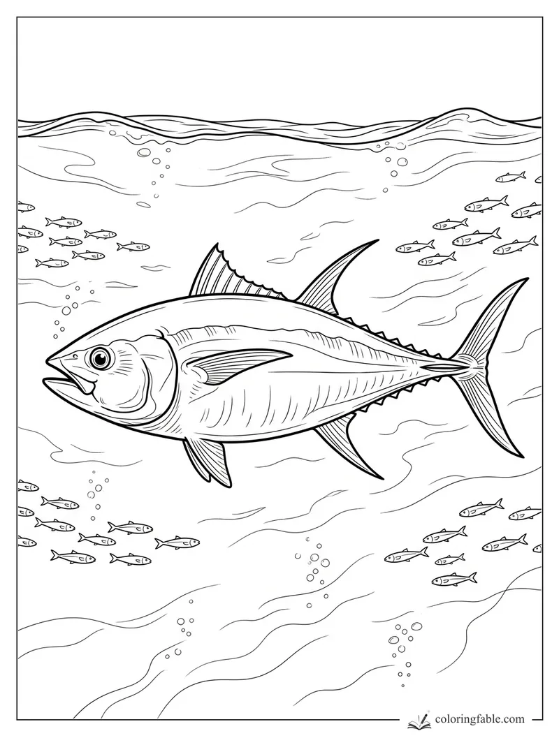 Realistic tuna swimming under wavy surface lines with small fish schools and bubble trails