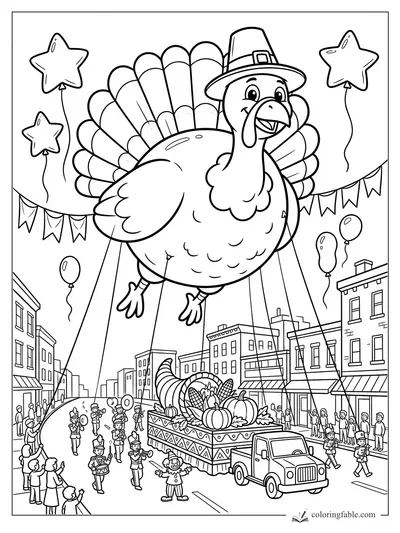 Cartoon Thanksgiving parade with a giant turkey balloon, harvest float, marching band, banners, and city crowd.