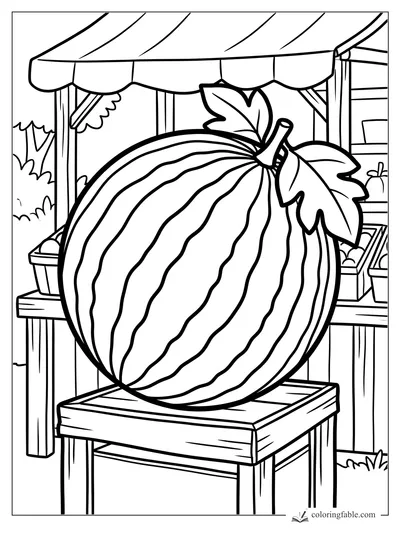 Bold coloring page of a giant striped watermelon on a wooden farm stand under a striped awning.