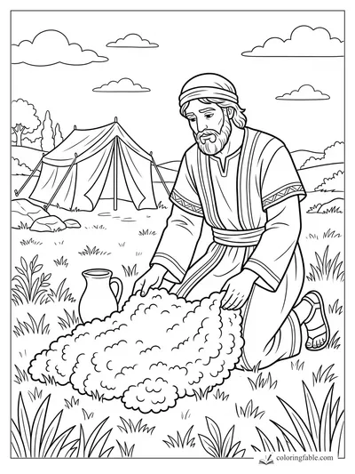 Gideon kneeling beside a wool fleece, with a water jug, tent, hills, grass, and clouds behind him