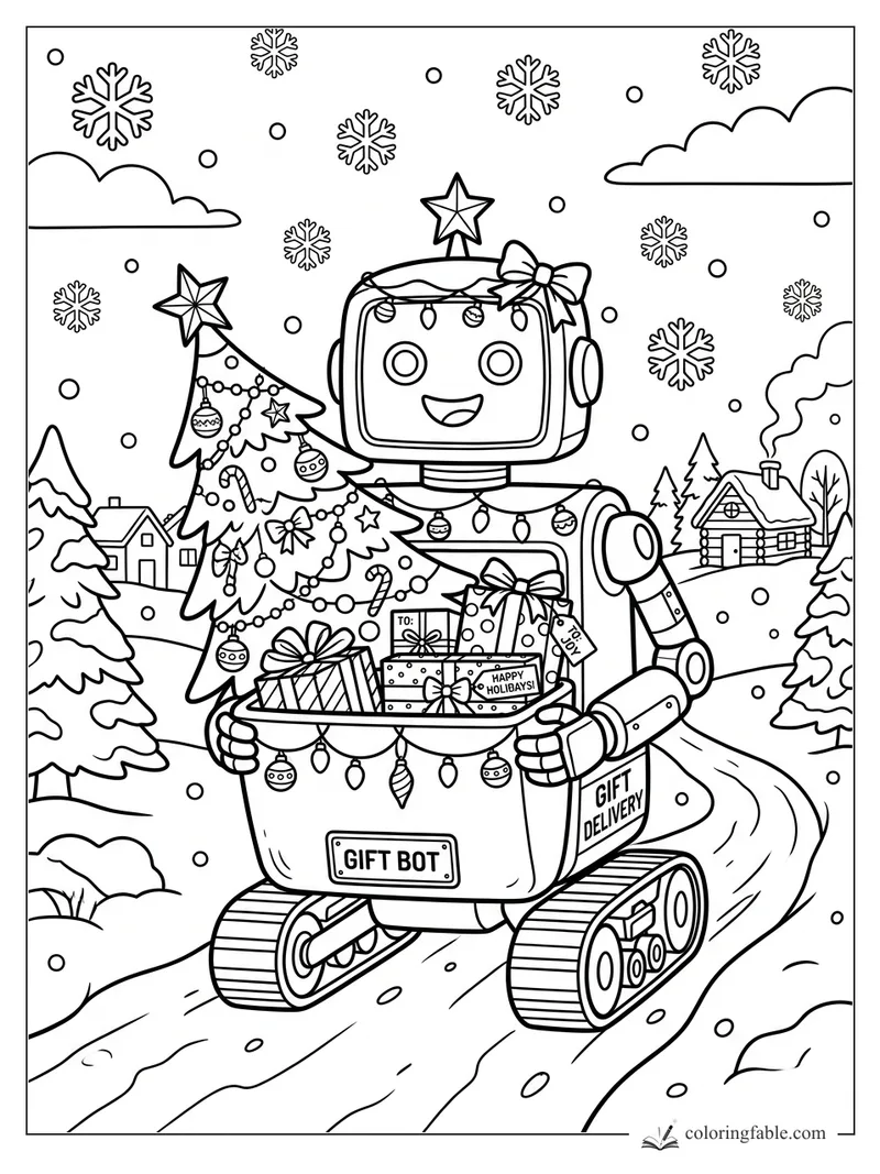 Smiling Gift Bot carries presents and a decorated tree on snowy tracks past cabins and snowflakes.