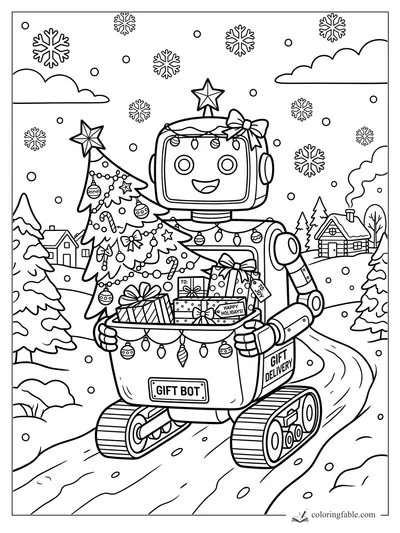 Smiling Gift Bot carries presents and a decorated tree on snowy tracks past cabins and snowflakes.