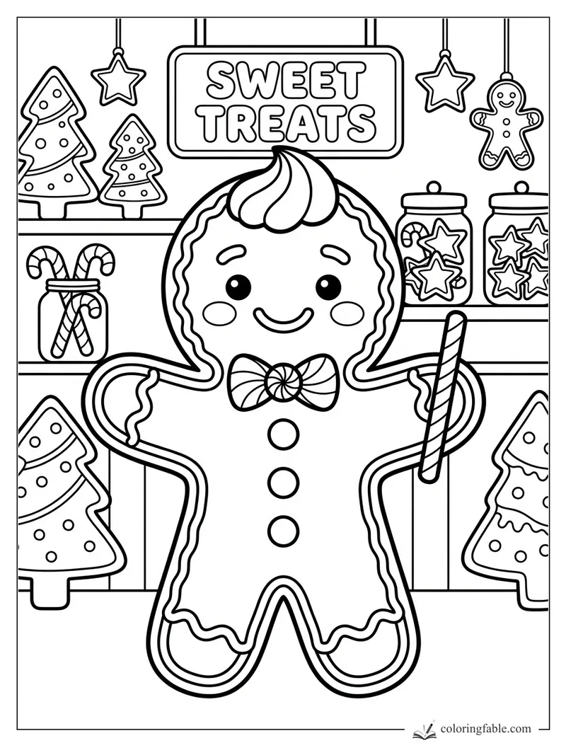 Kawaii gingerbread cookie holding a candy cane in a Christmas sweet treats shop