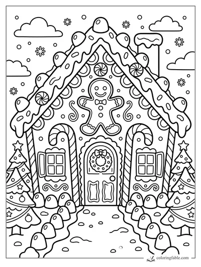 Cartoon gingerbread house with icing roof, candy canes, gumdrops, wreath, and Christmas trees