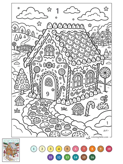 Gingerbread House with Candy Path and Icing Roof — color by number