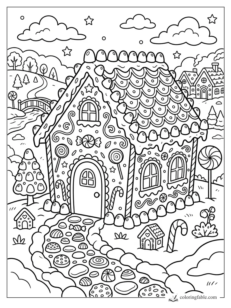Cartoon gingerbread house with icing roof, candy path, lollipops, snowy hills, stars, and village cottages