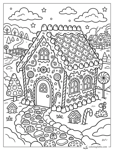 Cartoon gingerbread house with icing roof, candy path, lollipops, snowy hills, stars, and village cottages