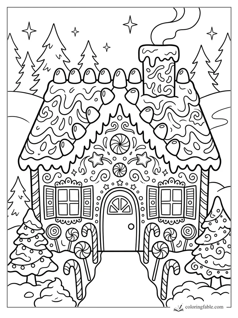 Gingerbread house coloring page with candy roof, peppermint door, lollipops, pine trees, stars, and smoking chimney.