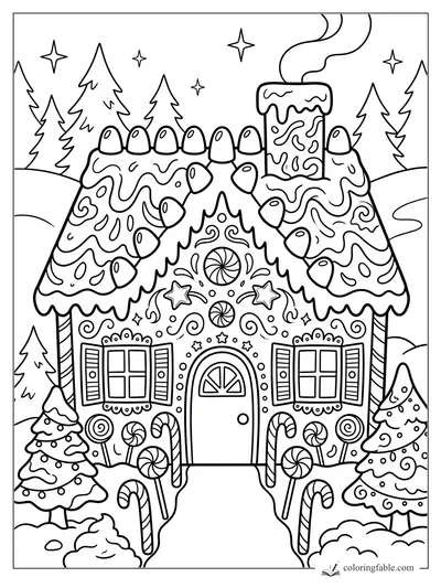 Gingerbread house coloring page with candy roof, peppermint door, lollipops, pine trees, stars, and smoking chimney.