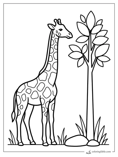 Easy giraffe coloring page with a spotted giraffe standing beside a tall leafy tree, rocks, and grass.