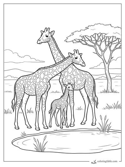 Realistic giraffe family with a calf beside a pond, acacia tree, grasses, and distant savanna hills